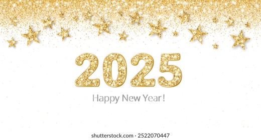 Feliz Ano Novo. 2025 números de ouro glitter. Confetti e estrelas decoração. Fundo de celebração dourada. Para as cabeceiras de férias de Natal, panfletos de festa. Ilustração vetorial.