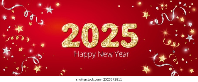 Happy new year banner. 2025 golden glitter numbers. Red background with golden and silver confetti. Flying ribbons and stars. Vector decoration. For Christmas and holiday headers, party flyers.