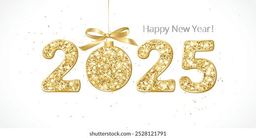 Happy new year banner. 2025 golden glitter numbers. Glitter ball decoration with bow isolated on white. Great for New Year cards, holiday headers, party posters, social media banners. Vector.