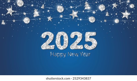 Happy New Year banner. 2025 white glitter numbers. Christmas silver glitter decoration with balls, trees and stars. Blue celebration background. For holiday headers, party flyers. Vector illustration.