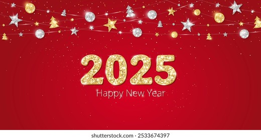 Happy New Year banner. 2025 gold glitter numbers. Christmas glitter decoration with balls, trees and stars. Red celebration background. For holiday headers, party flyers. Vector illustration.