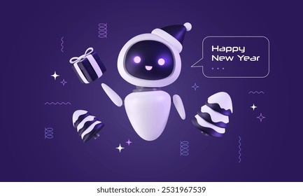 Anuncio feliz del año Nuevo con el chatbot 3D que sostiene la caja de regalo, árboles nevados que flotan con el confeti geométrico. Tecnología de servidor de inteligencia artificial. Robot de red neuronal desea Feliz Navidades. Arte vectorial