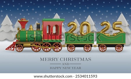 happy new year banner with 3d steam train toy and white christmas trees. 2025 new year background with gold 3d numbers inside the train carriages