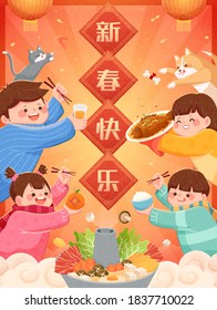 Banner de Feliz Año Nuevo con una familia asiática que disfruta de deliciosas cocinas, chino de traducción: Año nuevo feliz de China