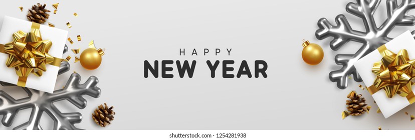 Happy New Year banner. Background Xmas design realistic gifts box, silver 3d snowflake and glitter gold confetti. Horizontal christmas poster, greeting cards, headers, website