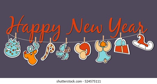 Happy New Year banner. Broad poster or decoration. Cute dangling Xmas figures with santa red hat, deer, christmas tree, angel, candy, sledge, gift, cone-and-berry. For greetings, invitation, postcard