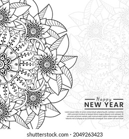 Happy new year banner or card template with mehndi flower