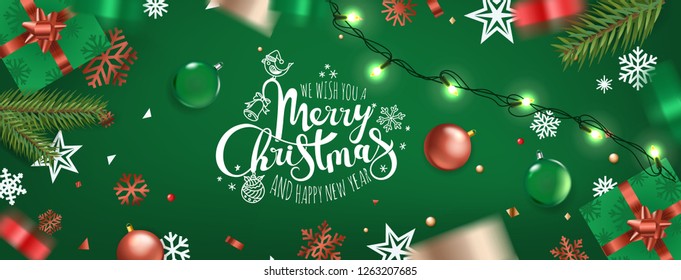 Happy New Year banner. Christmas wishes template. Xmas elements on a table.
Top view vector illustration 