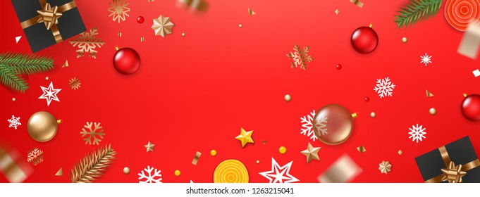 Happy New Year banner. Christmas background. Xmas elements on a red table.
Top view vector illustration 