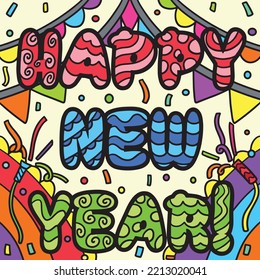 Happy New Year Banner Colored Cartoon Illustration