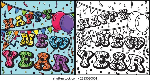 Happy New Year Banner Coloring Page Illustration