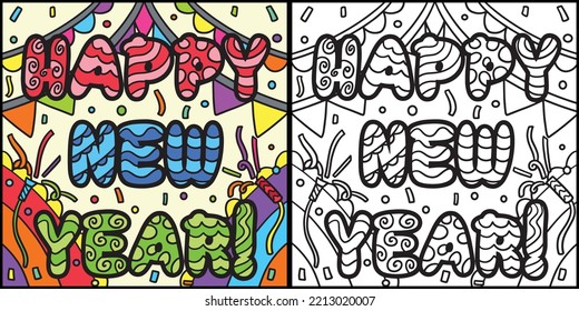 Happy New Year Banner Coloring Page Illustration