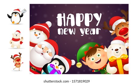 Happy New Year banner with cute cartoon characters. Lettering with decorations can be used for invitation and greeting card. Holiday concept