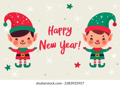 Happy new year banner, Cute Christmas elves. Holiday cartoon character in winter season. Vector illustration