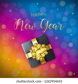 Happy New Year banner decorated with realistic Gift Box on shiny bokeh background. Glossy concept design for Xmas winter holidays. Vector illustration
