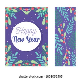 happy new year, banner decoration floral berries leaves celebration party, floral design vector illustration