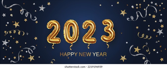 Happy New year banner with decoration. 2023 gold glitter numbers. Falling confetti ribbons and stars. Gold and silver frame. For Christmas and winter holiday headers, party flyers. Vector illustration