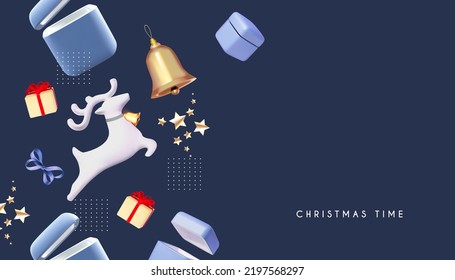 Happy New Year banner with deer, gift boxes, golden bell, stars and glass ball with snowflake. 3D design