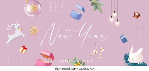 Happy New Year banner with deer and glass ball with snowflake, gift boxes, bells and snowflakes. 3D design