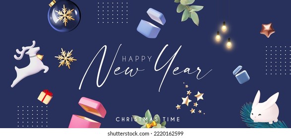 Happy New Year banner with deer and glass ball with snowflake, gift boxes, bells and snowflakes. 3D design