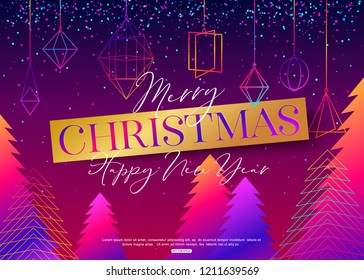 Happy New Year banner design with hanging decorations. Vector illustration