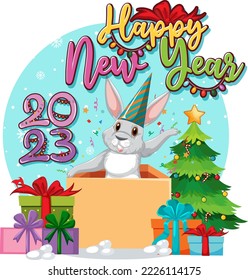 Happy New Year Banner Design with Cute Rabbit illustration