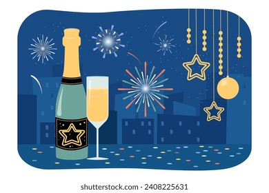 Happy New Year banner design. Champagne bottle and flute vector illustration with fireworks on background. New Year celebration, party concept