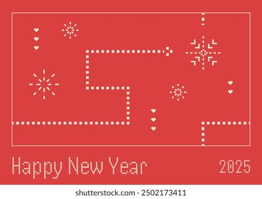 Happy New Year banner with electronic snake game, pixel snowflakes. 8 bit background, nostalgia of 1990s concept. Christmas vector illustration. Symbol of 2025. Retro abstract graphics.