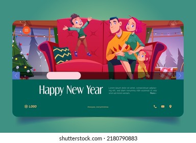 Happy New year banner with family in living room with Christmas tree. Vector landing page of winter holidays with cartoon illustration of cute kids and parents sitting on couch