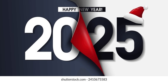 Happy New Year banner. Flip to 2025, calendar with rolled corner. 2025 Happy New Year club poster Background for your Flyers and Greetings Card.