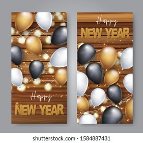 Happy New Year banner or flyer. Holiday celebration design concept with balloons and garland lights on wooden background. Vetor illustration.