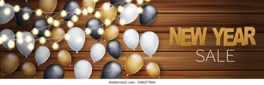 Happy New Year banner or flyer. Holiday celebration design concept with balloons and garland lights on wooden background. Vetor illustration.