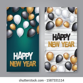 Happy New Year banner or flyer. Holiday celebration design concept with balloons on wooden background. Vetor illustration.