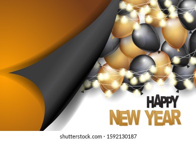 Happy New Year banner or flyer. Holiday celebration design concept with balloons and garland lights under peeling off wrapping paper. Vetor illustration.