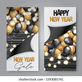 Happy New Year banner or flyer. Holiday celebration design concept with balloons and garland lights on wooden background under peeling off wrapping paper. Vetor illustration.