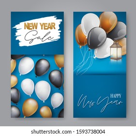 Happy New Year banner or flyer. Holiday celebration design concept with balloons on blue background for advertisement or invitation. Vetor illustration.