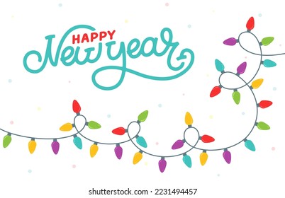 Happy New Year banner and garlands with colorful lamps on a white background. Concept card or invitation for holiday or festival 