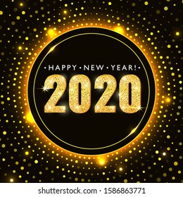 Happy New Year Banner with glitter Gold 2020 Numbers with golden paper confetti and glistening festive lights on Dark Background. Vector illustration