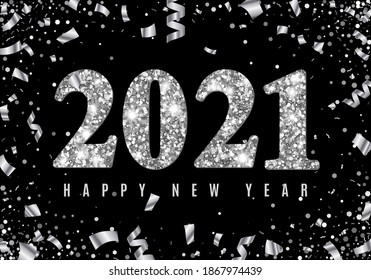 Happy New Year banner with glowing Silver 2021 Numbers on black Background with Flying geometric and foil paper confetti. Vector illustration. All isolated and layered