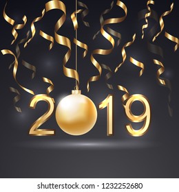 Happy New Year Banner with Gold 2019 Numbers 