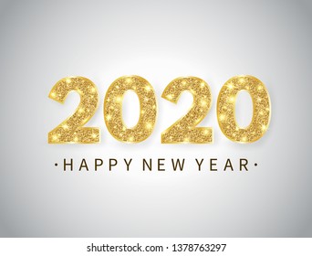 Happy New year banner with gold glitter 2020 numbers and text on bright background. Luxury festive design for greeting card. Christmas holiday celebration design. Vector illustration.