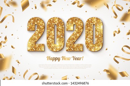 Happy New Year Banner with Gold 2020 Numbers on Bright Background with Flying Confetti and Streamers. Vector illustration