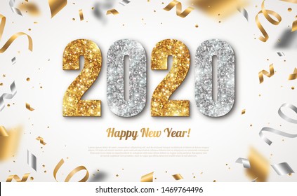 Happy New Year Banner with Gold and Silver 2020 Numbers on Bright Background with Flying Confetti and Streamers. Vector illustration