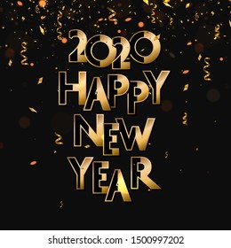Happy New Year banner with gold 2020 numbers on black background with confetti and bokeh lights