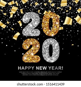 Happy New Year Banner with Gold and Silver shimmer 2020 Numbers on black background with flying geometric and foil paper confetti. Vector illustration. All isolated and layered
