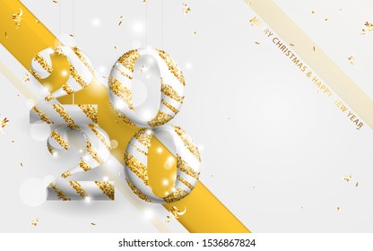 Happy new year banner. Gold and white stripes 2020 with golden garland, glitter confetti on white background