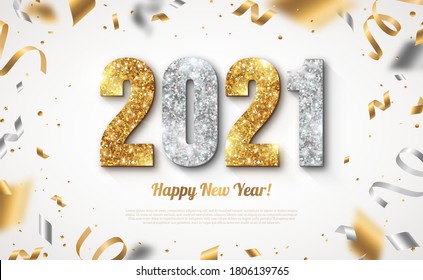 Happy New Year Banner with Gold and Silver 2021 Numbers on Bright Background with Flying Confetti and Streamers. Vector illustration