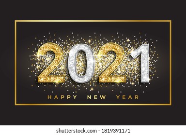 Happy New Year Banner with Gold and Silver 2021 Numbers on dark Background. Vector illustration