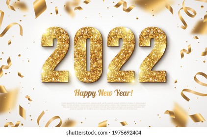 Happy New Year Banner with Gold 2022 Numbers on Bright Background with Flying Confetti and Streamers. Vector illustration