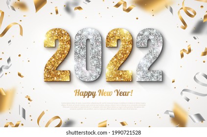 Happy New Year Banner with Gold and Silver 2022 Numbers on Bright Background with Flying Confetti and Streamers. Vector illustration